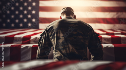 Military soldier mourning on casket for dead service member photo