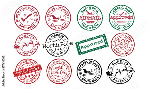 North pole post Santa gift rubber stamp badge, seal, label, postmark collection on white background