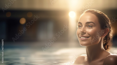 woman swimming in swimming pool, happy smiling and fun, good day, vacations. fictional location
