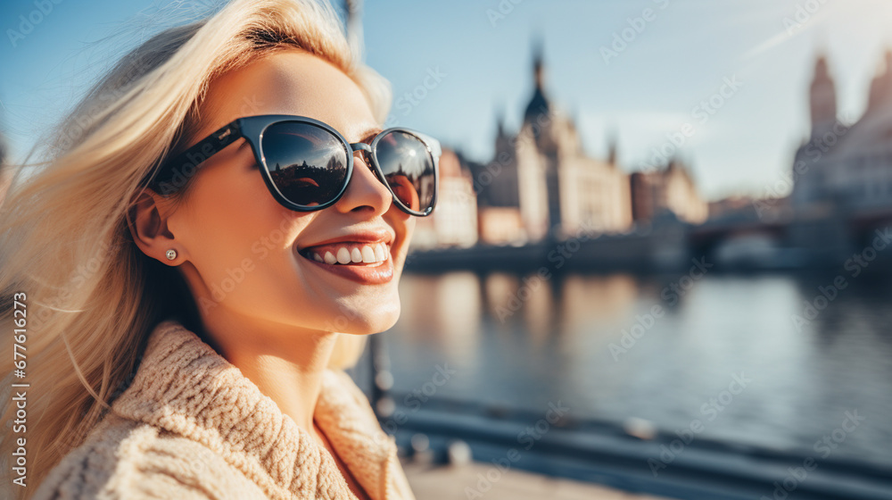 blonde, smiling woman wearing sunglasses is standing on a bridge, enjoying her city trip. She is wearing a jacket and appears to be in a good mood