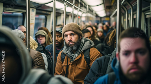 Bearded man riding a packed subway train in winter photo