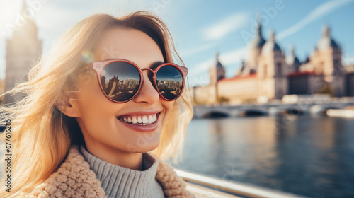 blonde woman in sunglasses enjoying city view on bridge. fictional location © wetzkaz