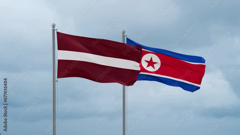 North Korea and Latvia flag waving together on cloudy sky, endless seamless loop North Korea and Latvia flag waving together on cloudy sky, endless seamless loop