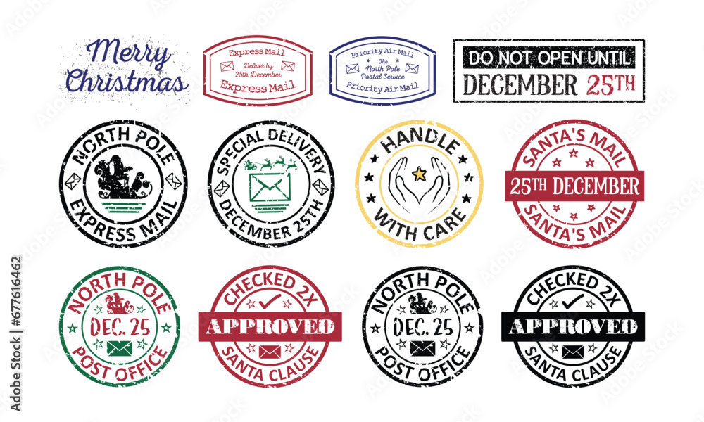 Collection of north pole post Santa rubber stamp badge, seal, postmark designs on white background