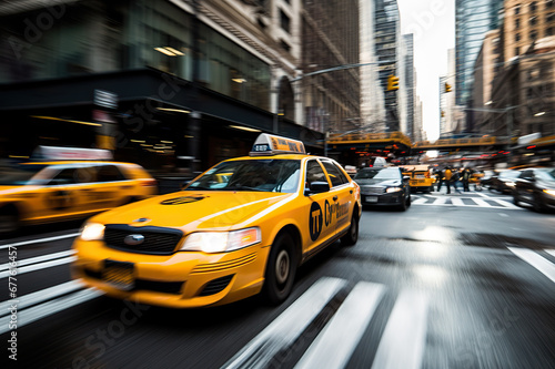 Speeding Yellow Taxi Cab in Manhattan A Snapshot of Life in the Fast Lane. created with Generative AI © photobuay
