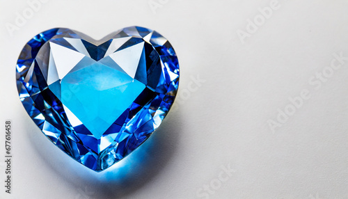 Blue heart shaped diamond on white background and copy space on a side