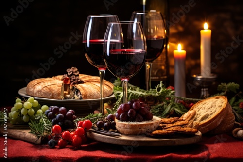 Festive Dinner Scene with a Glass of Red Wine Highlighting the Traditional Christmas Feast