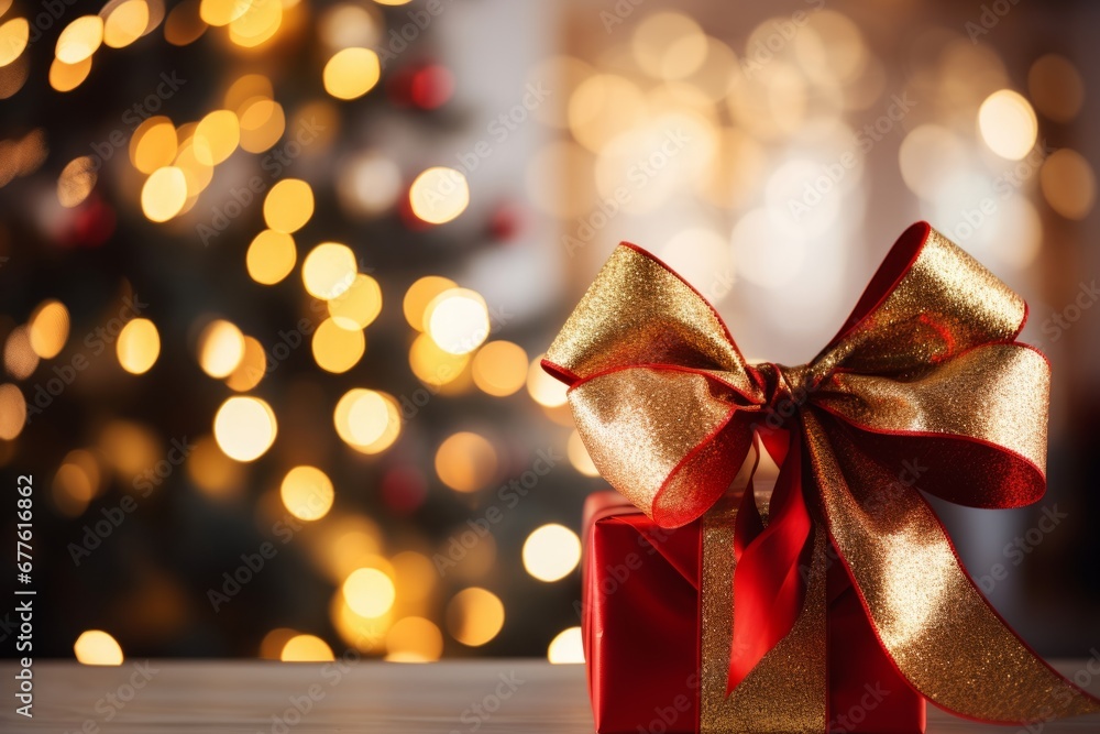 Detail shot of a shiny red bow adorning a Christmas present under the festive tree Detail shot of a shiny red bow adorning a Christmas present under the festive tree