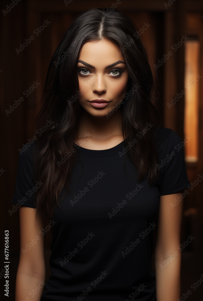 A striking portrayal of a beautiful brunette showcasing allure in a sleek black t-shirt. A striking portrayal of a beautiful brunette showcasing allure in a sleek black t-shirt.