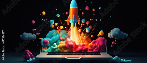 cartoonish space rocket outgoing of laptop screen, showcase boost performance ,innovation photo