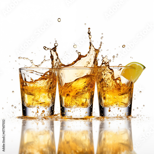 Three tequila shot glasses with tequila and lime toast against a white background - alcohol theme