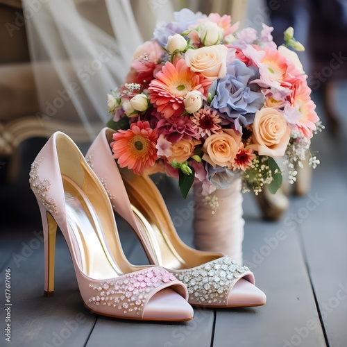 bridal shoes and flowers, bridal shoes and bouquet,