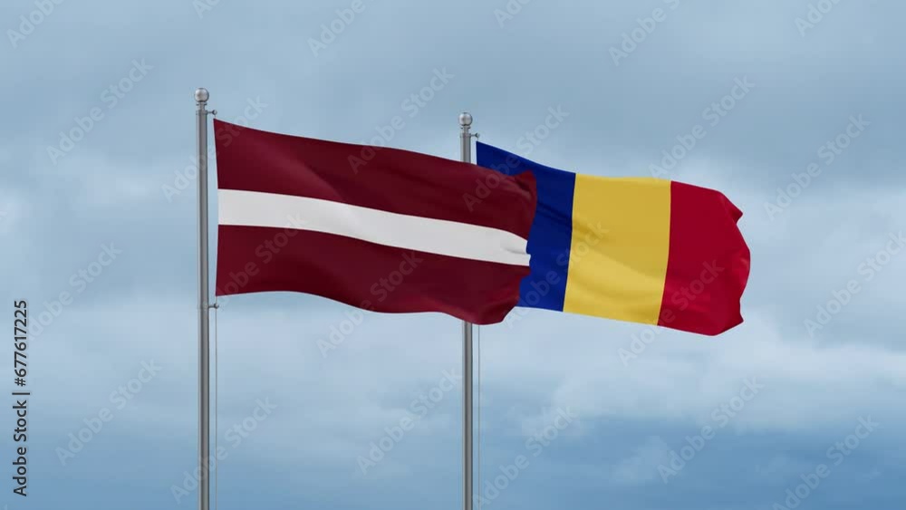 Romania and Latvia flag waving together on cloudy sky, endless seamless loop, two country cooperation concept Romania and Latvia flag waving together on cloudy sky, endless seamless loop, two country cooperation concept