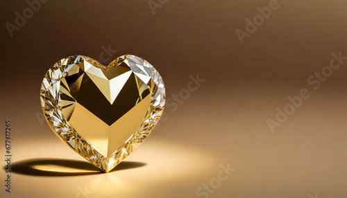 Gold heart shaped diamond on light brown background and copy space on a side