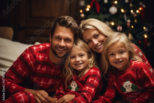 Delighted Family Wearing Matching Holiday Pajamas Celebrating Christmas in Their Warm Living Room