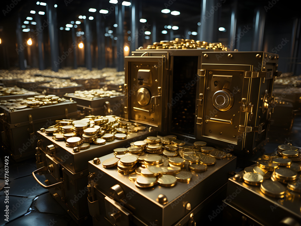Golden chests filled with gold and silver, radiating opulence and wealth. These luxurious containers are brimming with shiny coins, bars, and precious items, symbolizing affluence and a treasure trove Golden chests filled with gold and silver, radiating opulence and wealth. These luxurious containers are brimming with shiny coins, bars, and precious items, symbolizing affluence and a treasure trove