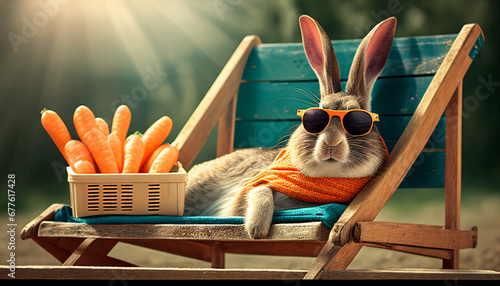 Entspannung stressfrei Urlaub buchen Reiseveranstalter Werbung Marketing Vorlage Motiv mit Hasen lustige Tiere mit Sonnenbrille Generative AI  photo