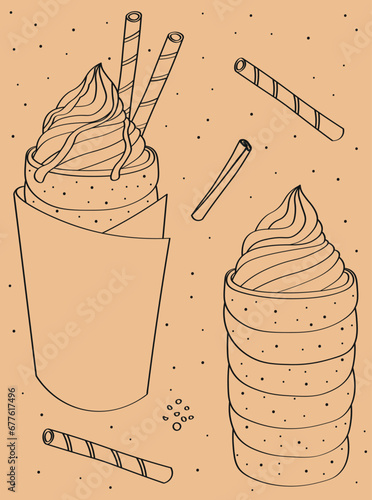 Chimney cake with ice cream, kurtos kalacs sweet bread typical hungarian cake. Vector icon illustration