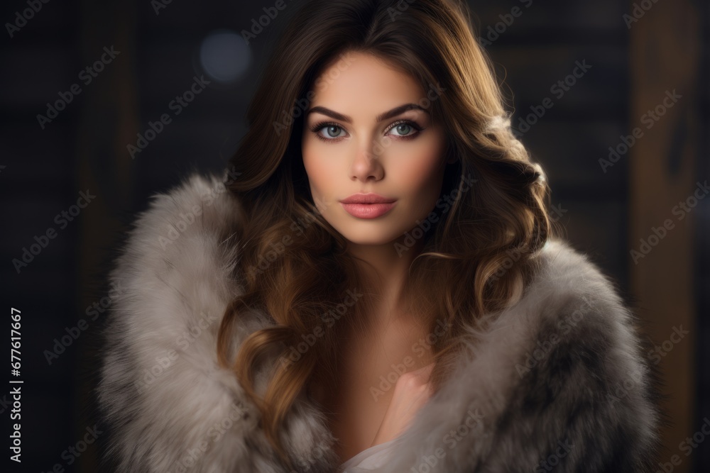 Christmas Studio Portrait of a Stylish Brunette Woman Wrapped in a Plush Fur Stole against a Snowy Backdrop Christmas Studio Portrait of a Stylish Brunette Woman Wrapped in a Plush Fur Stole against a Snowy Backdrop