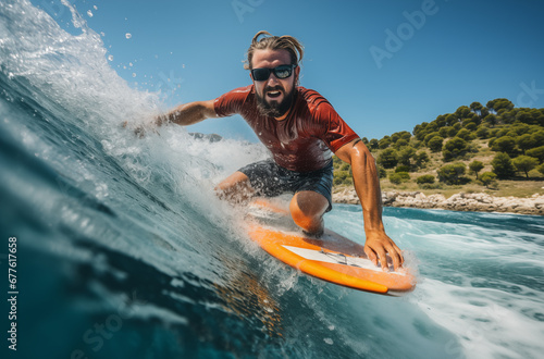 Male surfer conquering a powerful wave with skill and intensity. © jeff