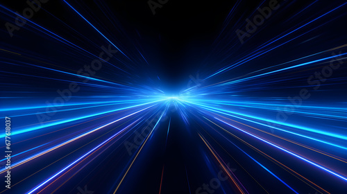 3d Abstract neon wallpaper. Glowing blue dynamic lines over black background. Light drawing trajectory photo