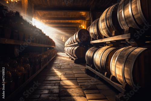 Wine barrels stacked in background of cellar of a winery. Industrial concept of production and drinks.