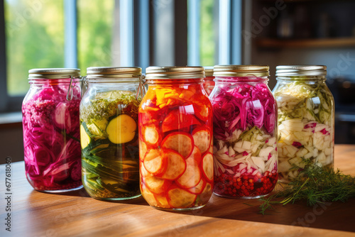 Fermented vegetables in jars on kitchen table
