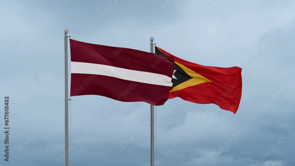 East Timor and Latvia flag waving together on cloudy sky, endless seamless loop, two country cooperation concept East Timor and Latvia flag waving together on cloudy sky, endless seamless loop, two country cooperation concept