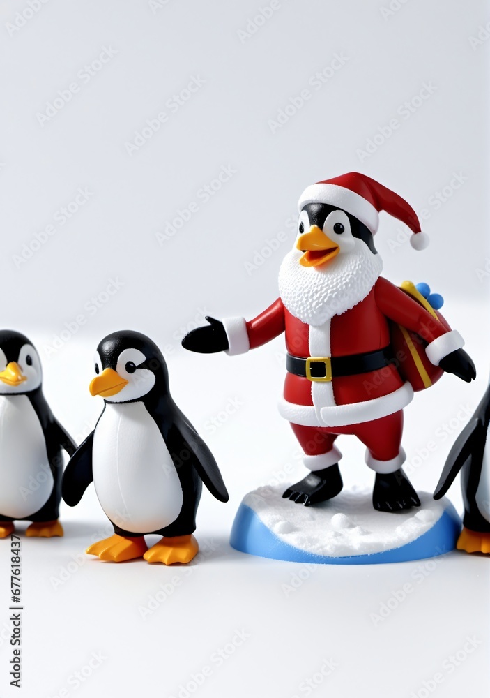 Fototapeta premium 3D Toy Of Santa Claus Having A Friendly Snowball Fight With Penguins On A White Background.