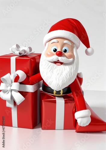 3D Toy Of Santa Claus Wrapping Gifts On A White Background. © Pixel Matrix