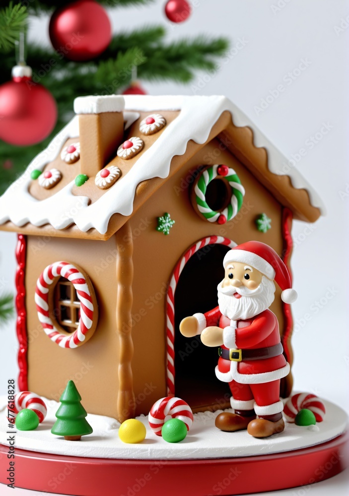 3D Toy Of Santa Claus Decorating A Gingerbread House With Icing On A White Background.