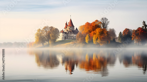 Lake with island and castle in europe on early morning with morning fog on the water surface photo