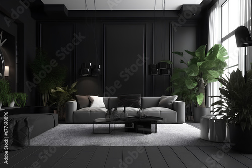 Interior of modern living room in black colors with green decorative plants in a house.