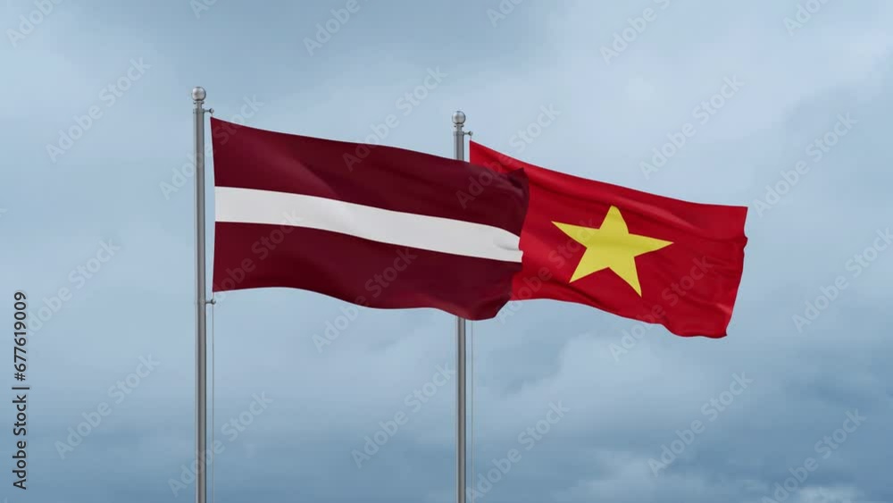 Vietnam and Latvia flag waving together on cloudy sky, endless seamless loop Vietnam and Latvia flag waving together on cloudy sky, endless seamless loop