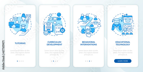 2D icons representing learning theories mobile app screen set. Walkthrough 4 steps blue graphic instructions with line icons concept, UI, UX, GUI template.