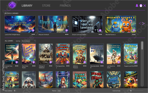 Fictitious video game launcher library app. My own original, generic design.