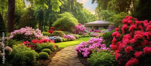 In the summer the garden becomes a haven of colorful beauty with vibrant red and pink flowers lush green leaves and an array of plants showcasing the floral splendor of nature