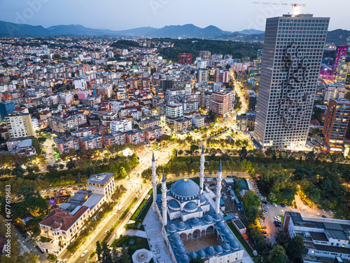 Aerial image of Tirana city skyline on early evening