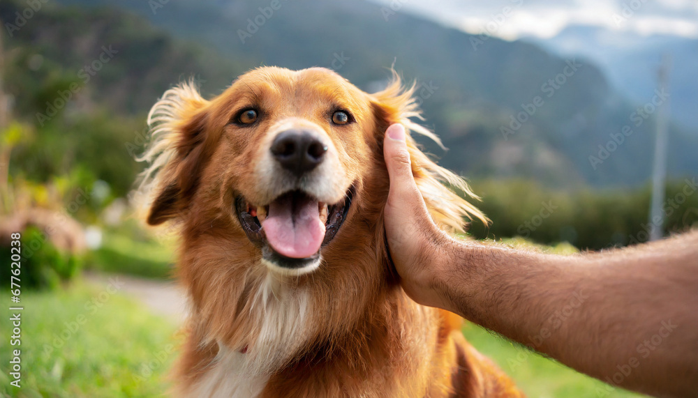 Close-up of a man's hand petting a happy dog outdoor