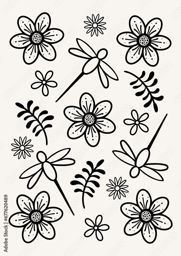 Dragonfly design. Line art dragonfly, flower and fern motifs in black on a white background. All over pattern. Dragonfly design. Line art dragonfly, flower and fern motifs in black on a white background. All over pattern.