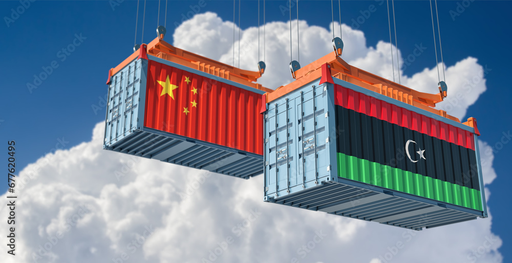 Cargo containers with China and Libya national flags. 3D Rendering Cargo containers with China and Libya national flags. 3D Rendering