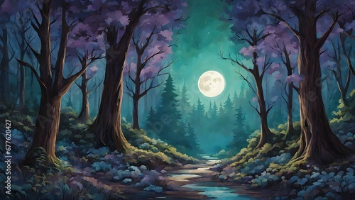 Deep blues and purples of a moonlit forest, emphasizing the cool tones as they interact with the warmth of earthy greens and browns.
