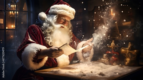 St Nicholas reading childrens wish list letters thats flown magically into his hands photo
