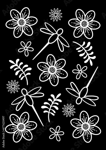 Dragonfly design. Line art dragonfly, flower and fern motifs in white on a black background. All over pattern.