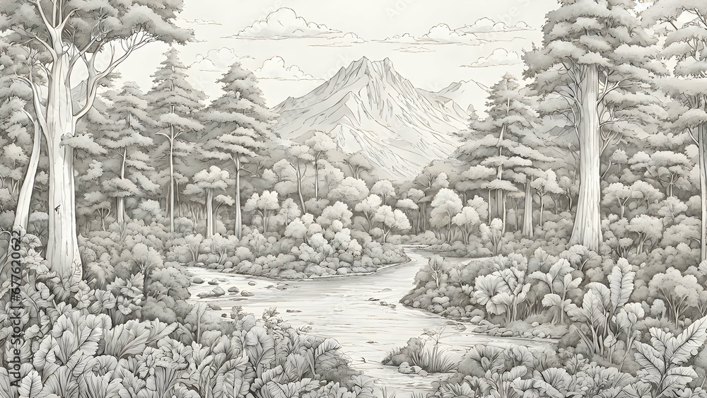 illustration of a diverse forest ecosystem, featuring various species of trees, plants, and wildlife in their natural habitat