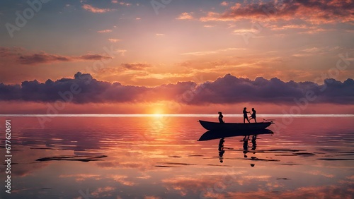 Beauty of a sunrise, capturing the emotions and sensations of people in boat at sea © AI ARTS