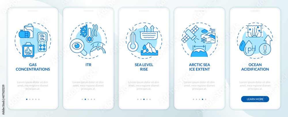2D blue icons representing climate metrics mobile app screen set. Walkthrough 5 steps monochromatic graphic instructions with thin line icons concept, UI, UX, GUI template.