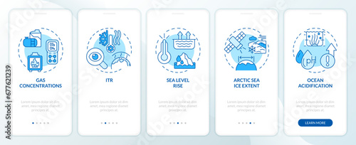 2D blue icons representing climate metrics mobile app screen set. Walkthrough 5 steps monochromatic graphic instructions with thin line icons concept, UI, UX, GUI template. photo
