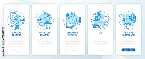 2D icons representing climate metrics mobile app screen set. Walkthrough 5 steps blue graphic instructions with thin line icons concept, UI, UX, GUI template.