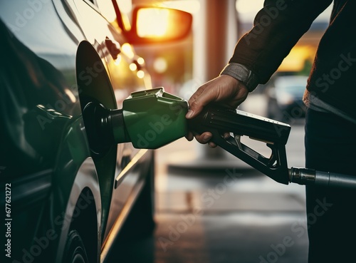 An adult's hand refueling a car with a green fuel nozzle at a gas station.